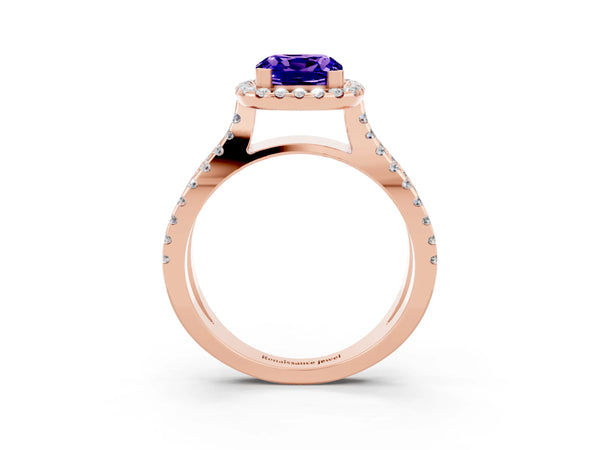 Rose gold Cushion Cut Tanzanite Halo Ring with Split Shank Pavé Band and Prong Setting