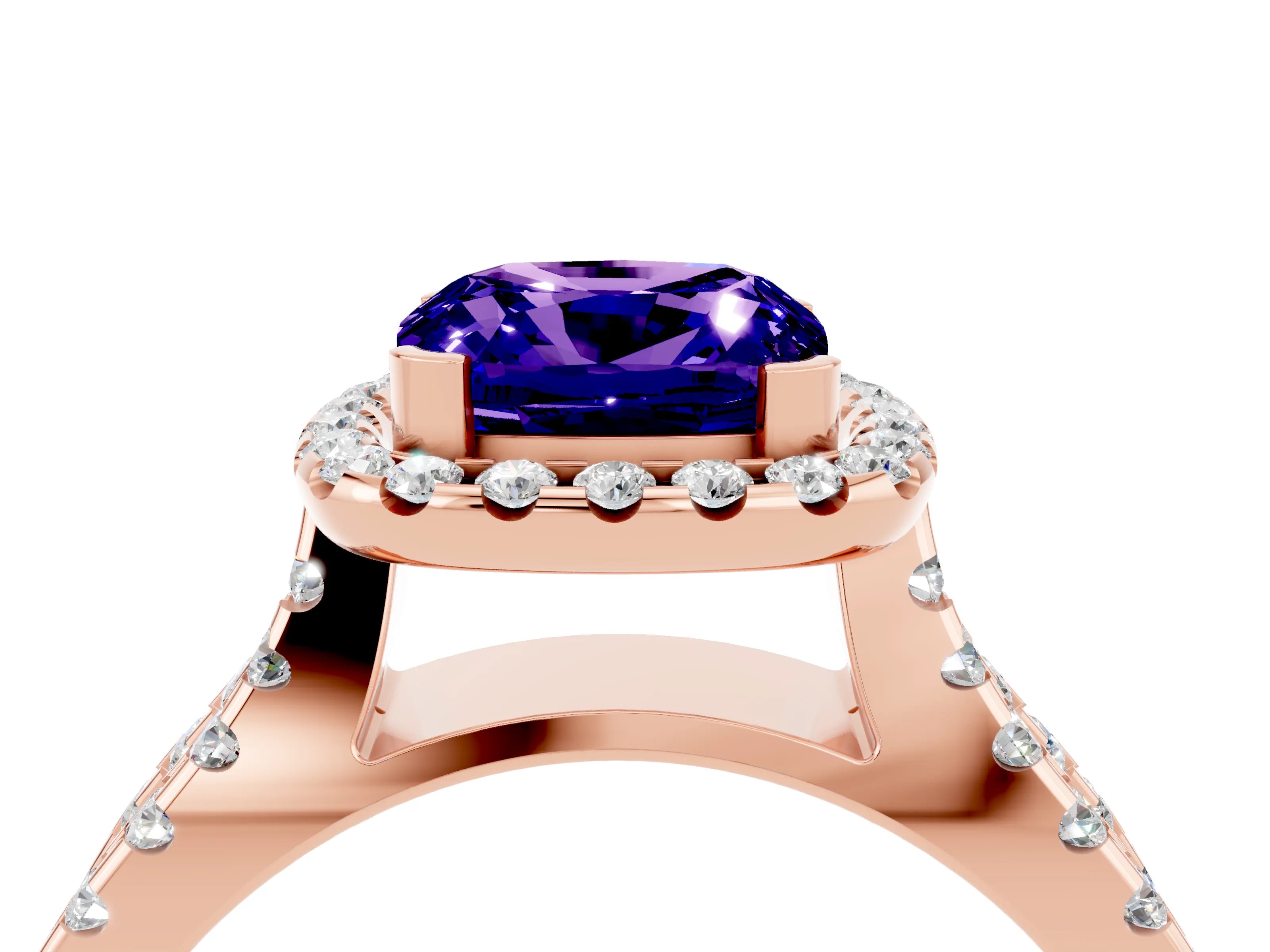 Rose gold Cushion Cut Tanzanite Halo Ring with Split Shank Pavé Band and Prong Setting_4
