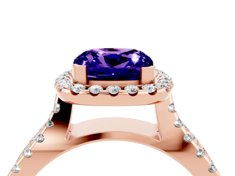 Rose gold Cushion Cut Tanzanite Halo Ring with Split Shank Pavé Band and Prong Setting_4