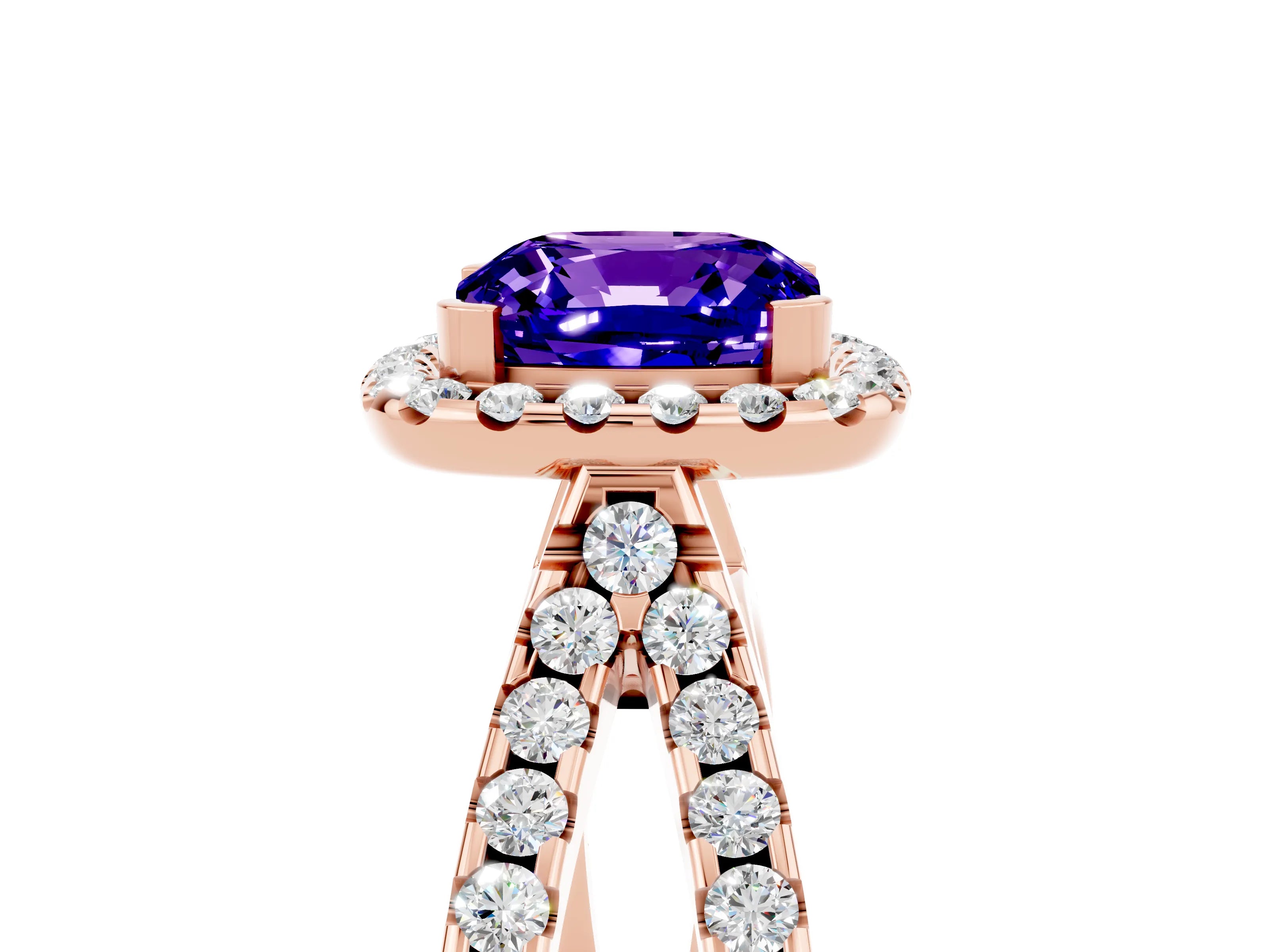 Rose gold Cushion Cut Tanzanite Halo Ring with Split Shank Pavé Band and Prong Setting_5