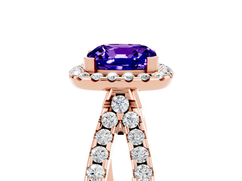 Rose gold Cushion Cut Tanzanite Halo Ring with Split Shank Pavé Band and Prong Setting_5