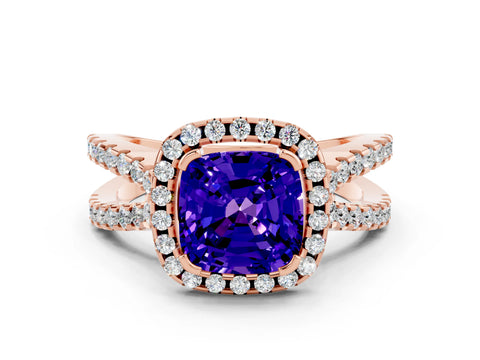 Rose gold Cushion Cut Tanzanite Halo Ring with Split Shank Pavé Band and Prong Setting