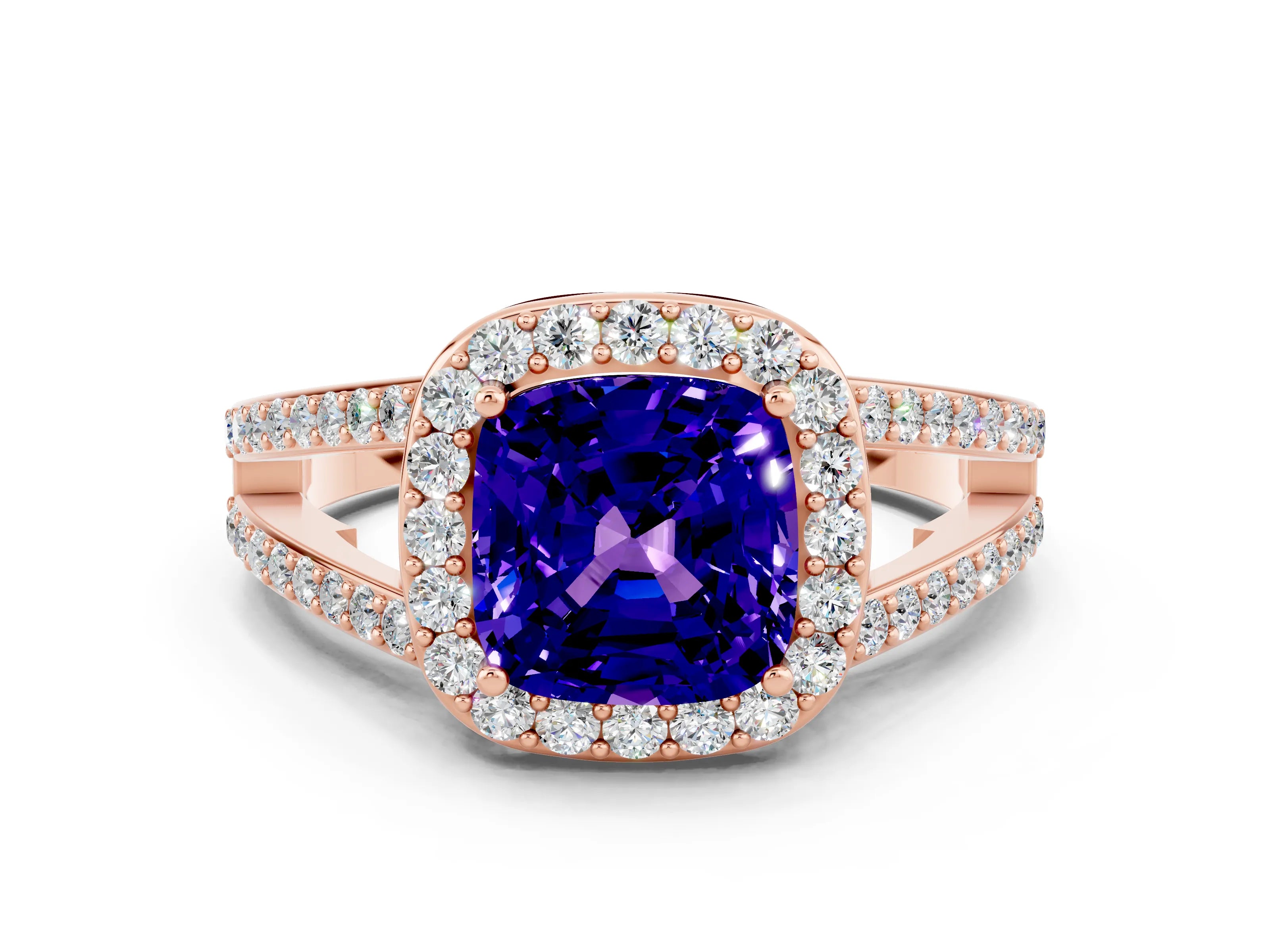 Rose gold Cushion Cut Tanzanite Halo Ring with Split Shank U-Prong Band and Four-Prong Setting