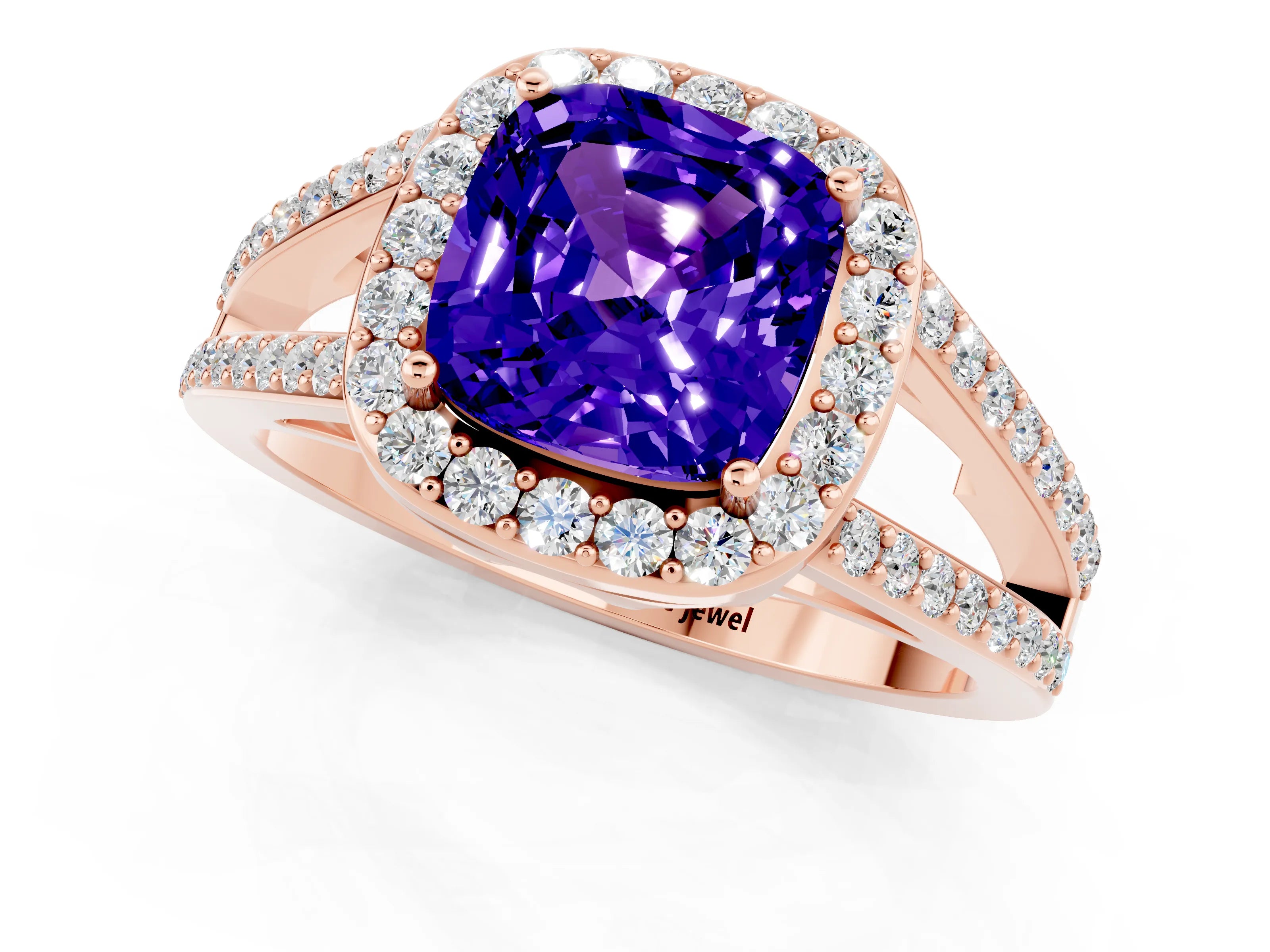 Rose gold Cushion Cut Tanzanite Halo Ring with Split Shank U-Prong Band and Four-Prong Setting_1