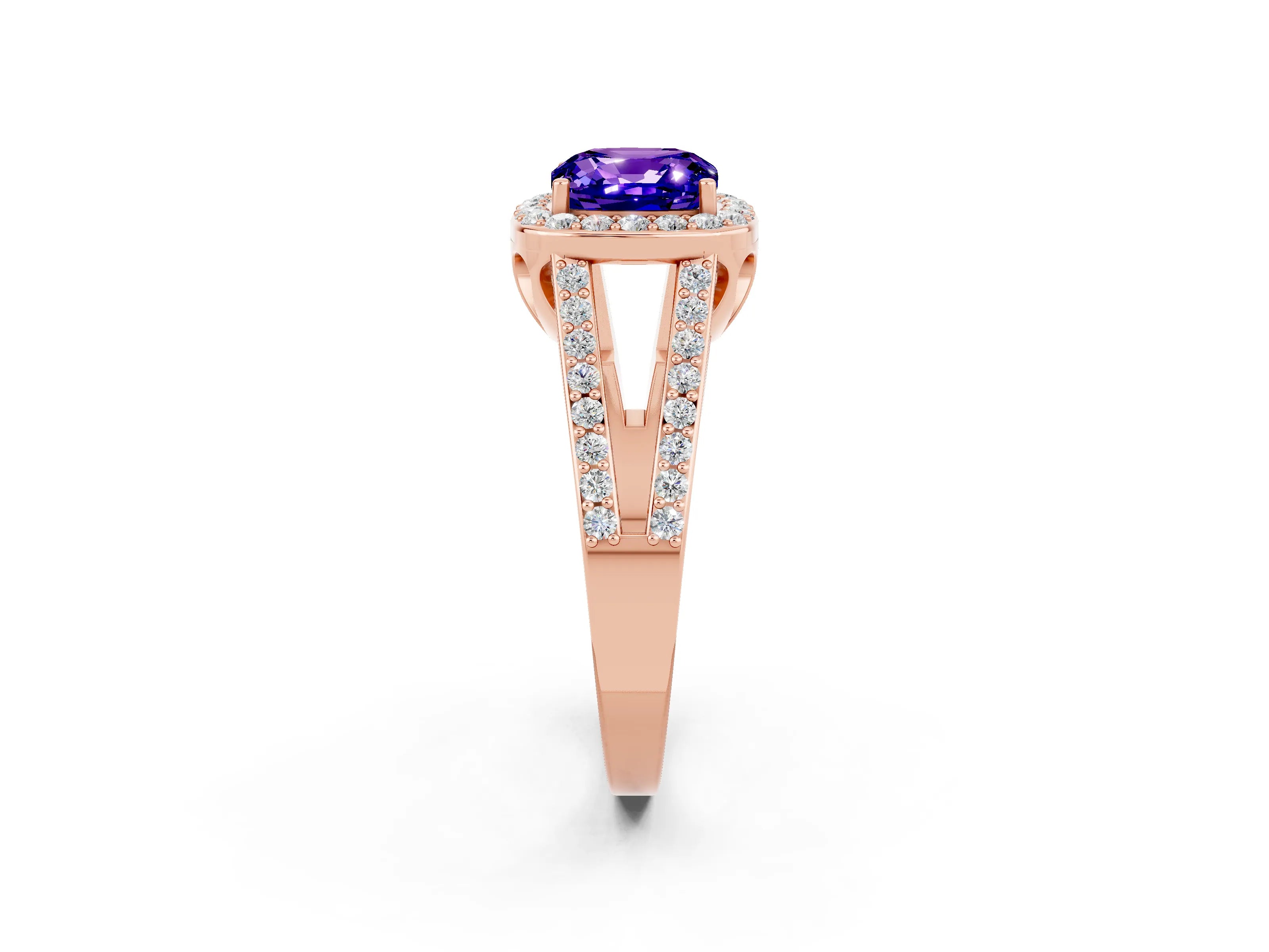 Rose gold Cushion Cut Tanzanite Halo Ring with Split Shank U-Prong Band and Four-Prong Setting_2