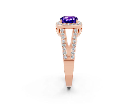 Rose gold Cushion Cut Tanzanite Halo Ring with Split Shank U-Prong Band and Four-Prong Setting_2