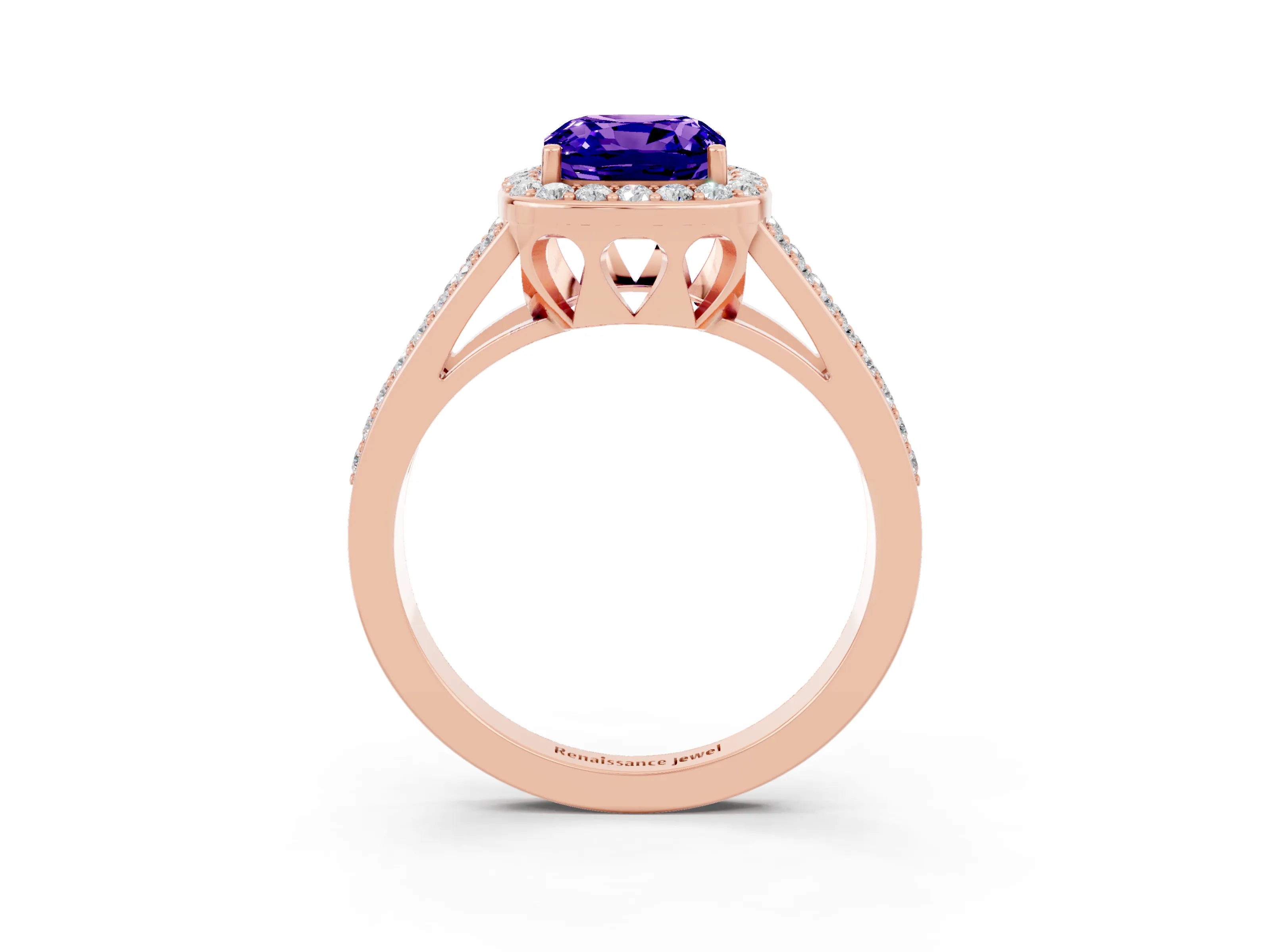 Rose gold Cushion Cut Tanzanite Halo Ring with Split Shank U-Prong Band and Four-Prong Setting_3