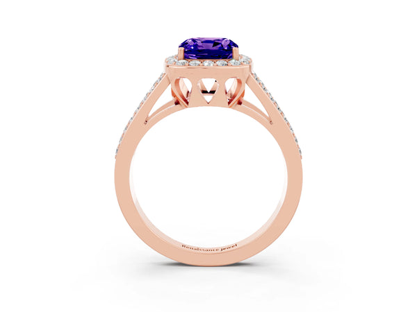 Rose gold Cushion Cut Tanzanite Halo Ring with Split Shank U-Prong Band and Four-Prong Setting