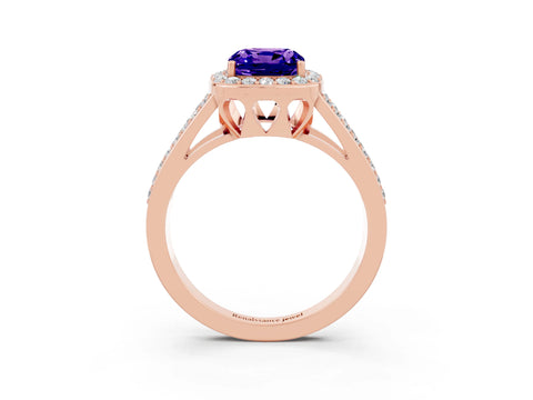 Rose gold Cushion Cut Tanzanite Halo Ring with Split Shank U-Prong Band and Four-Prong Setting_3
