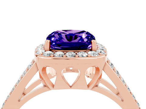 Rose gold Cushion Cut Tanzanite Halo Ring with Split Shank U-Prong Band and Four-Prong Setting_4