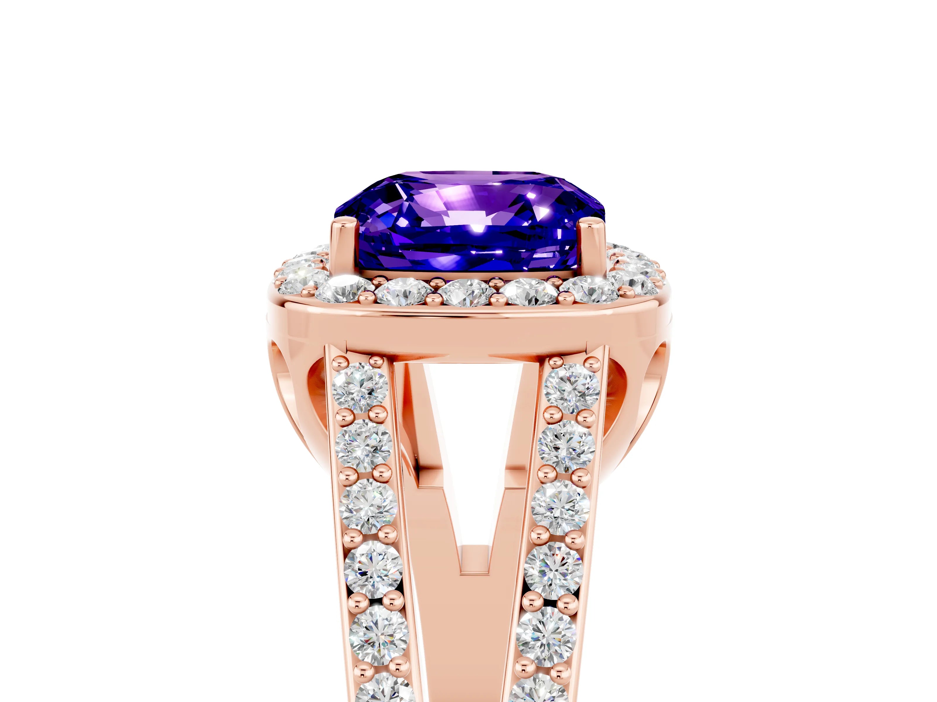 Rose gold Cushion Cut Tanzanite Halo Ring with Split Shank U-Prong Band and Four-Prong Setting_5