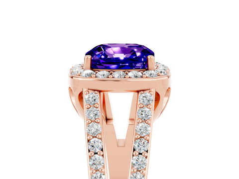 Rose gold Cushion Cut Tanzanite Halo Ring with Split Shank U-Prong Band and Four-Prong Setting_5
