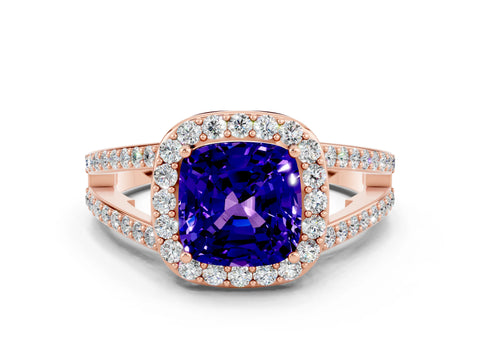 Rose gold Cushion Cut Tanzanite Halo Ring with Split Shank U-Prong Band and Four-Prong Setting