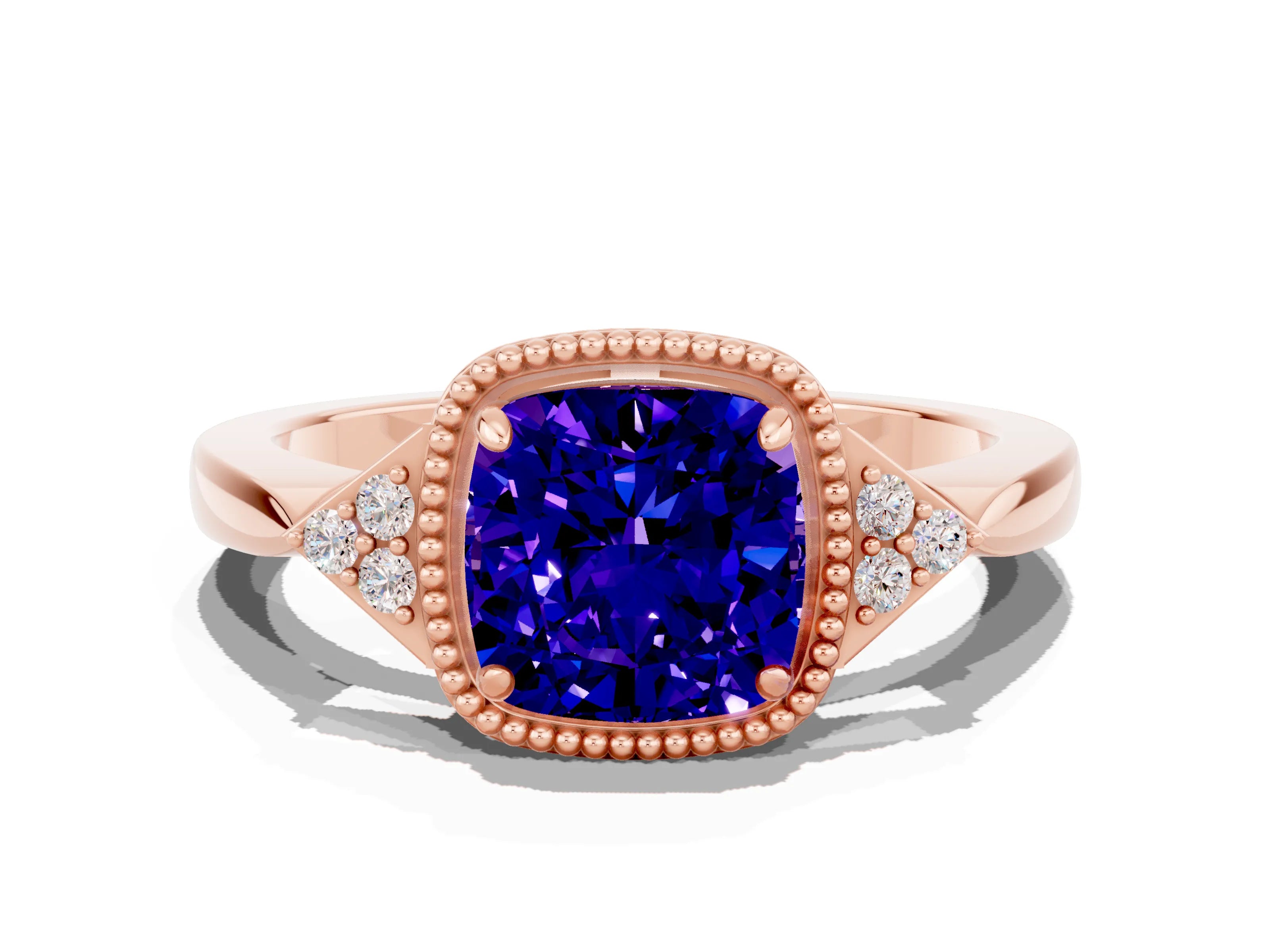 Rose gold Cushion Cut Tanzanite Halo Ring with Tapered Band and Four-Prong Setting_20