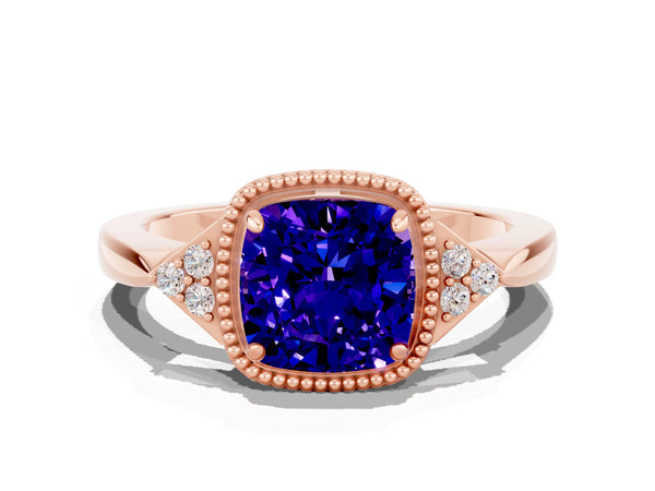 Rose gold Cushion Cut Tanzanite Halo Ring with Tapered Band and Four-Prong Setting
