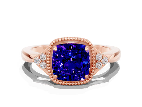 Rose gold Cushion Cut Tanzanite Halo Ring with Tapered Band and Four-Prong Setting_20