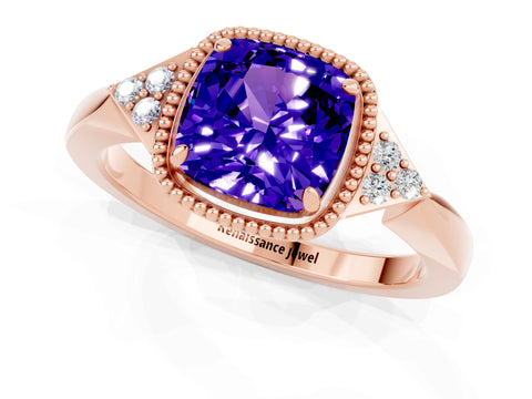 Rose gold Cushion Cut Tanzanite Halo Ring with Tapered Band and Four-Prong Setting_21