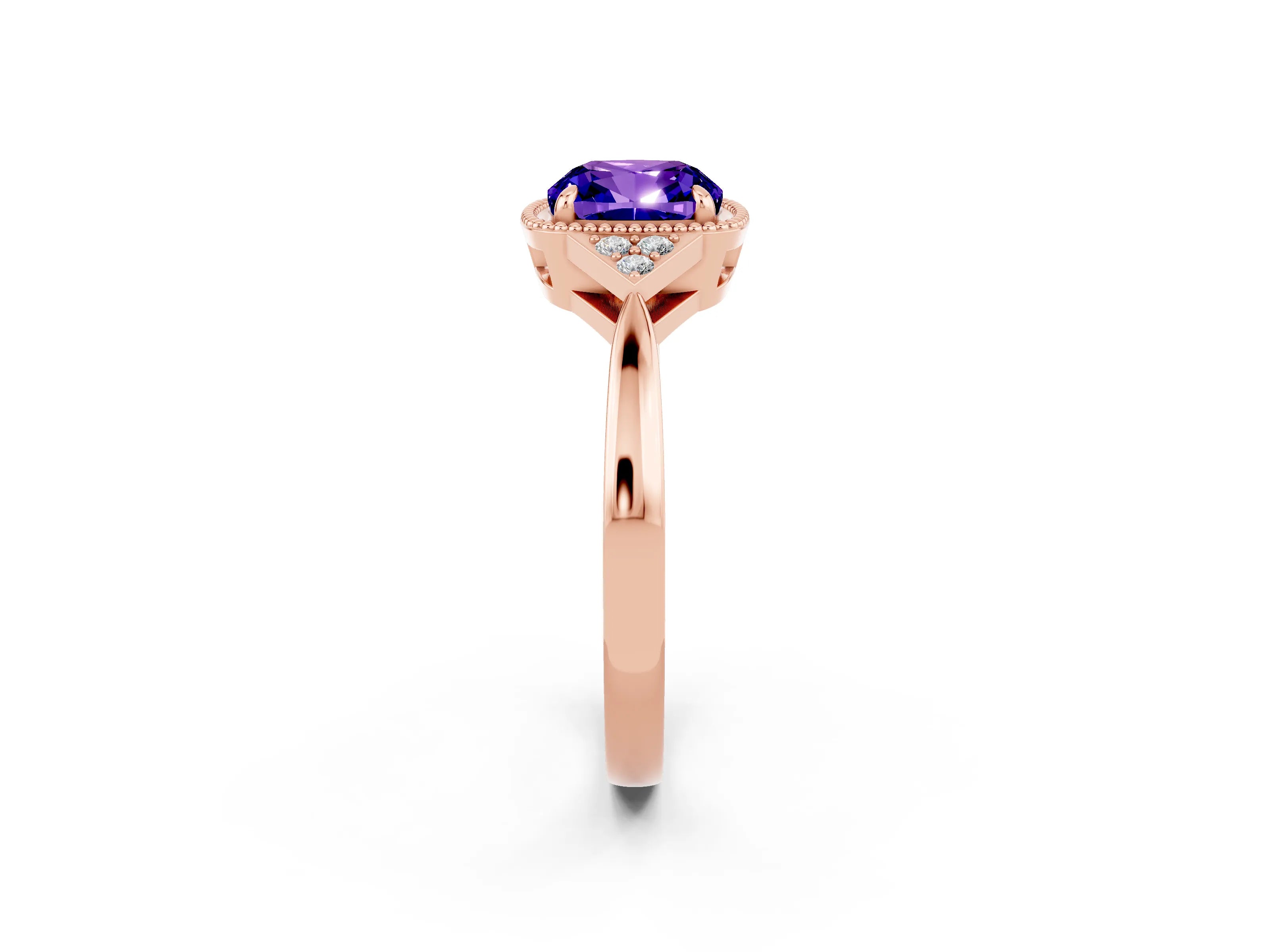 Rose gold Cushion Cut Tanzanite Halo Ring with Tapered Band and Four-Prong Setting_22