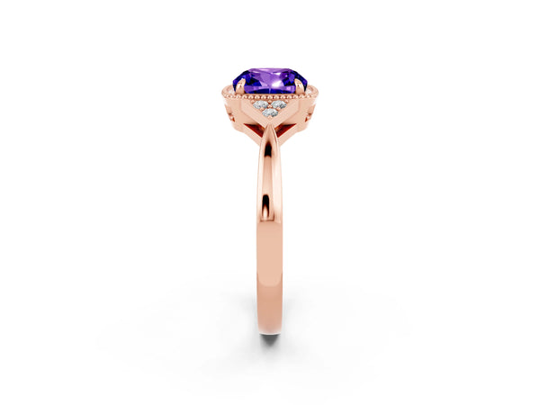 Rose gold Cushion Cut Tanzanite Halo Ring with Tapered Band and Four-Prong Setting