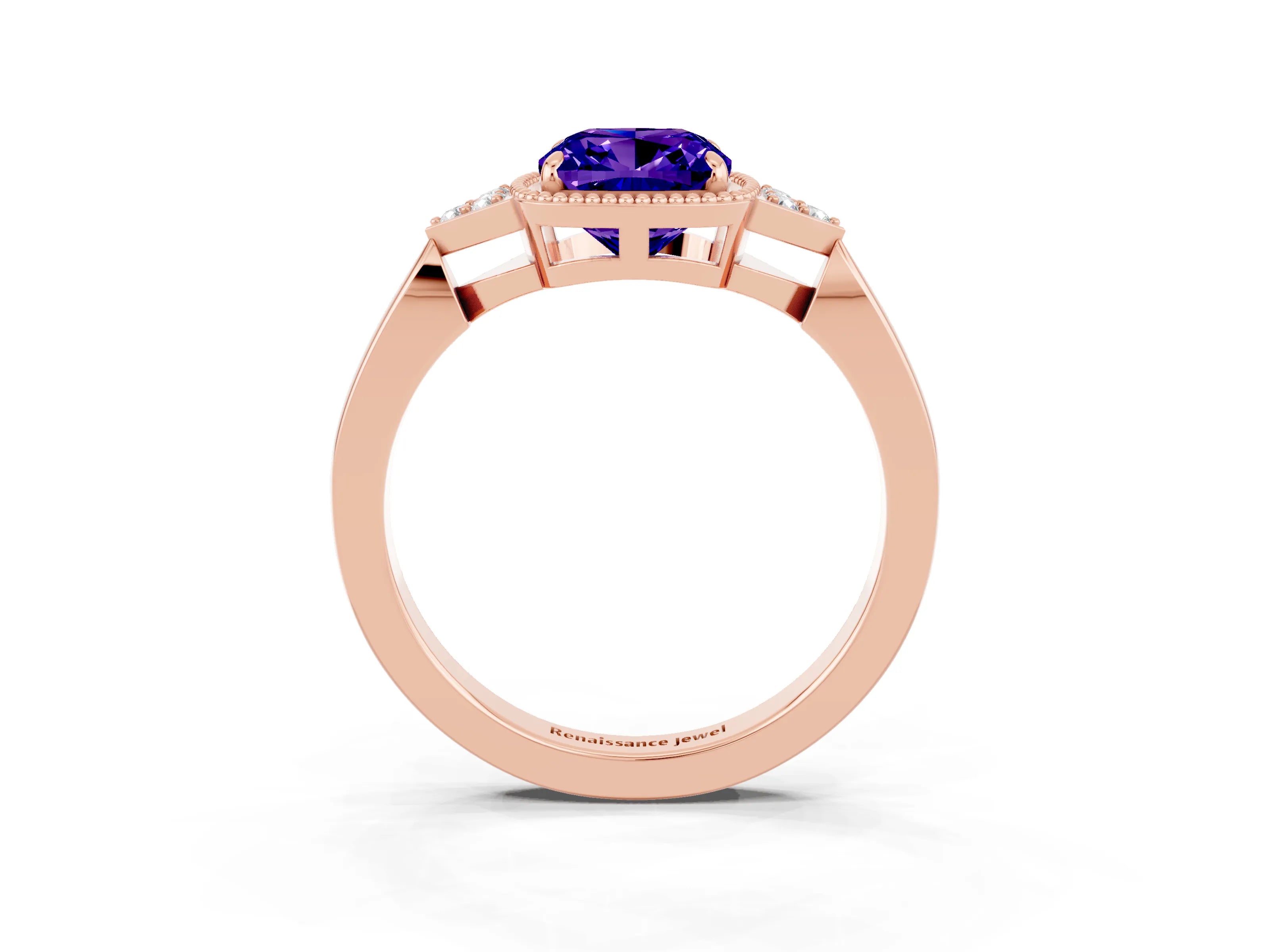 Rose gold Cushion Cut Tanzanite Halo Ring with Tapered Band and Four-Prong Setting_23