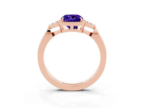 Rose gold Cushion Cut Tanzanite Halo Ring with Tapered Band and Four-Prong Setting