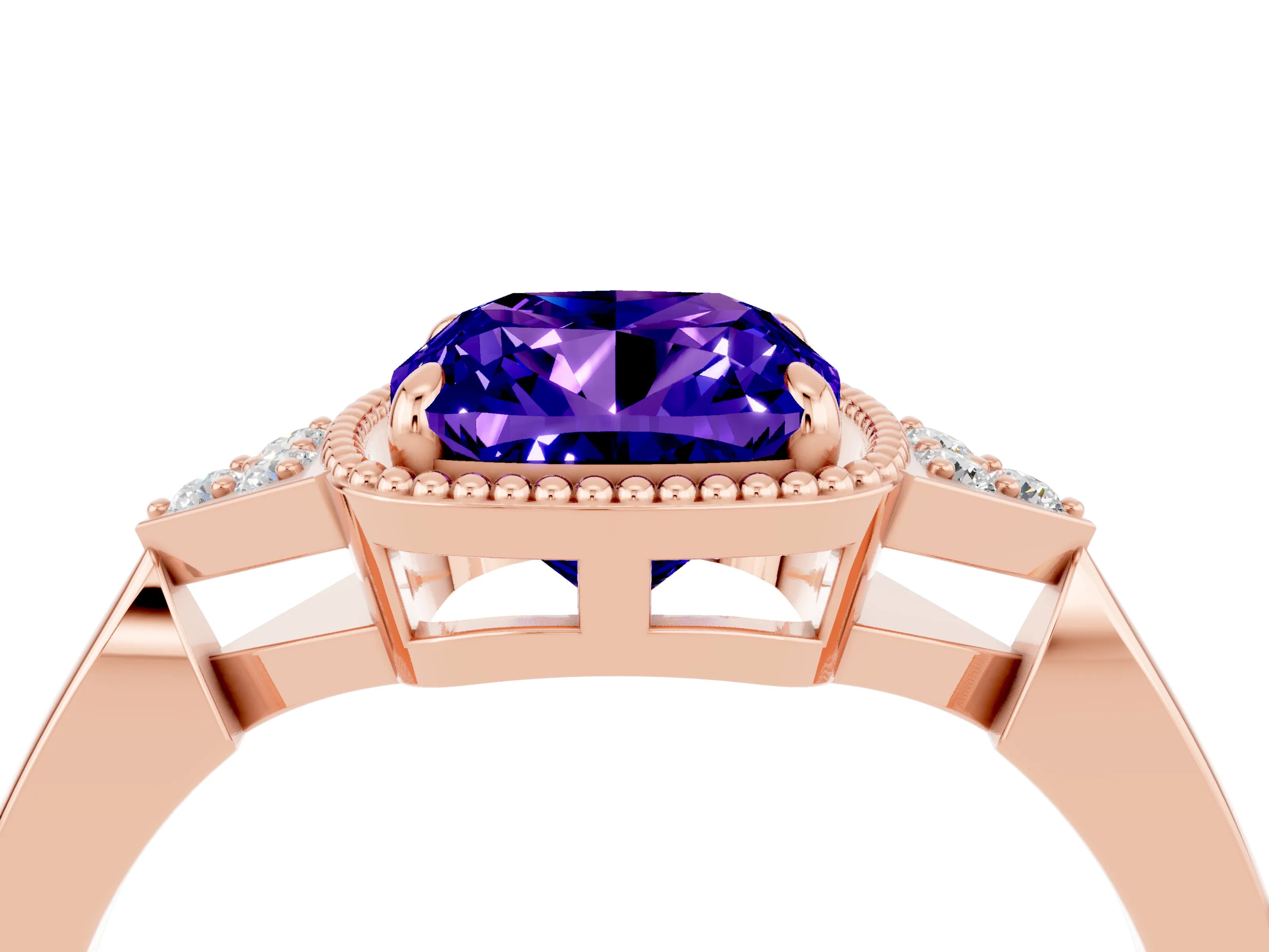 Rose gold Cushion Cut Tanzanite Halo Ring with Tapered Band and Four-Prong Setting_24