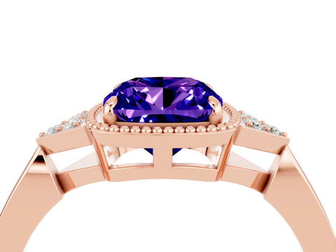 Rose gold Cushion Cut Tanzanite Halo Ring with Tapered Band and Four-Prong Setting_24