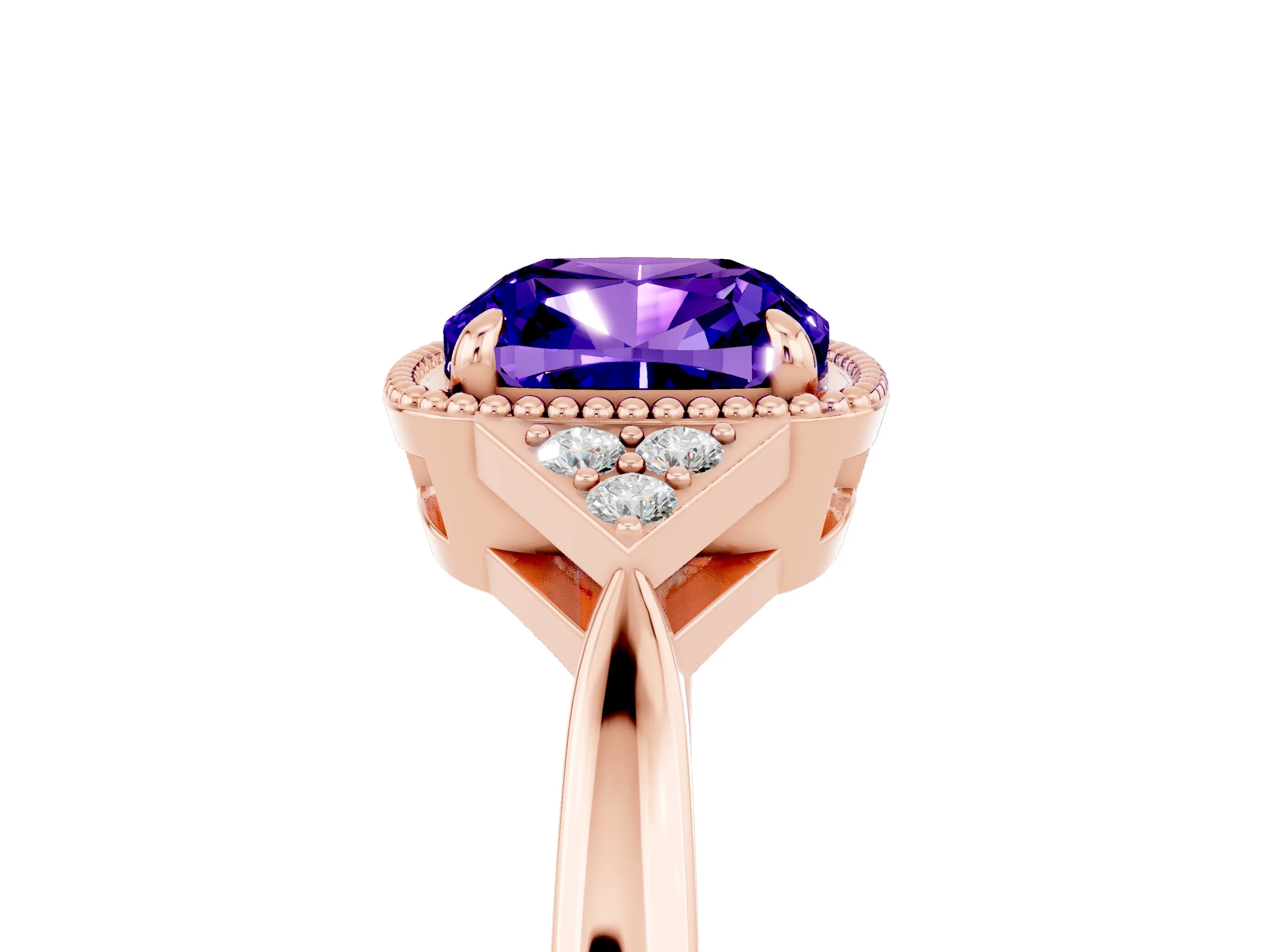 Rose gold Cushion Cut Tanzanite Halo Ring with Tapered Band and Four-Prong Setting_25