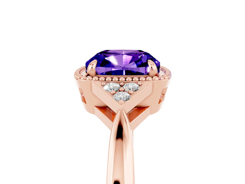 Rose gold Cushion Cut Tanzanite Halo Ring with Tapered Band and Four-Prong Setting_25