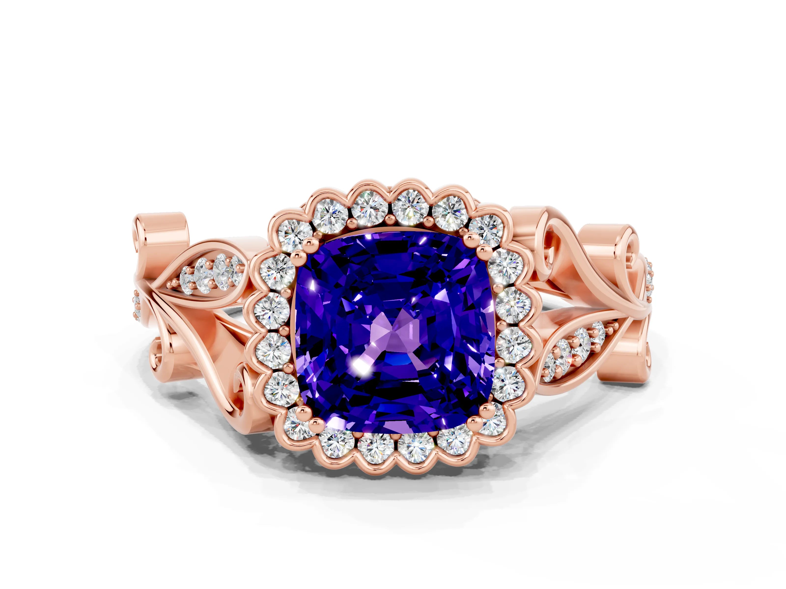 Rose gold Cushion Cut Tanzanite Halo Ring with Vintage Split Shank and Four-Prong Setting