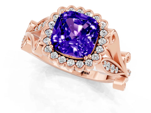 Rose gold Cushion Cut Tanzanite Halo Ring with Vintage Split Shank and Four-Prong Setting_1