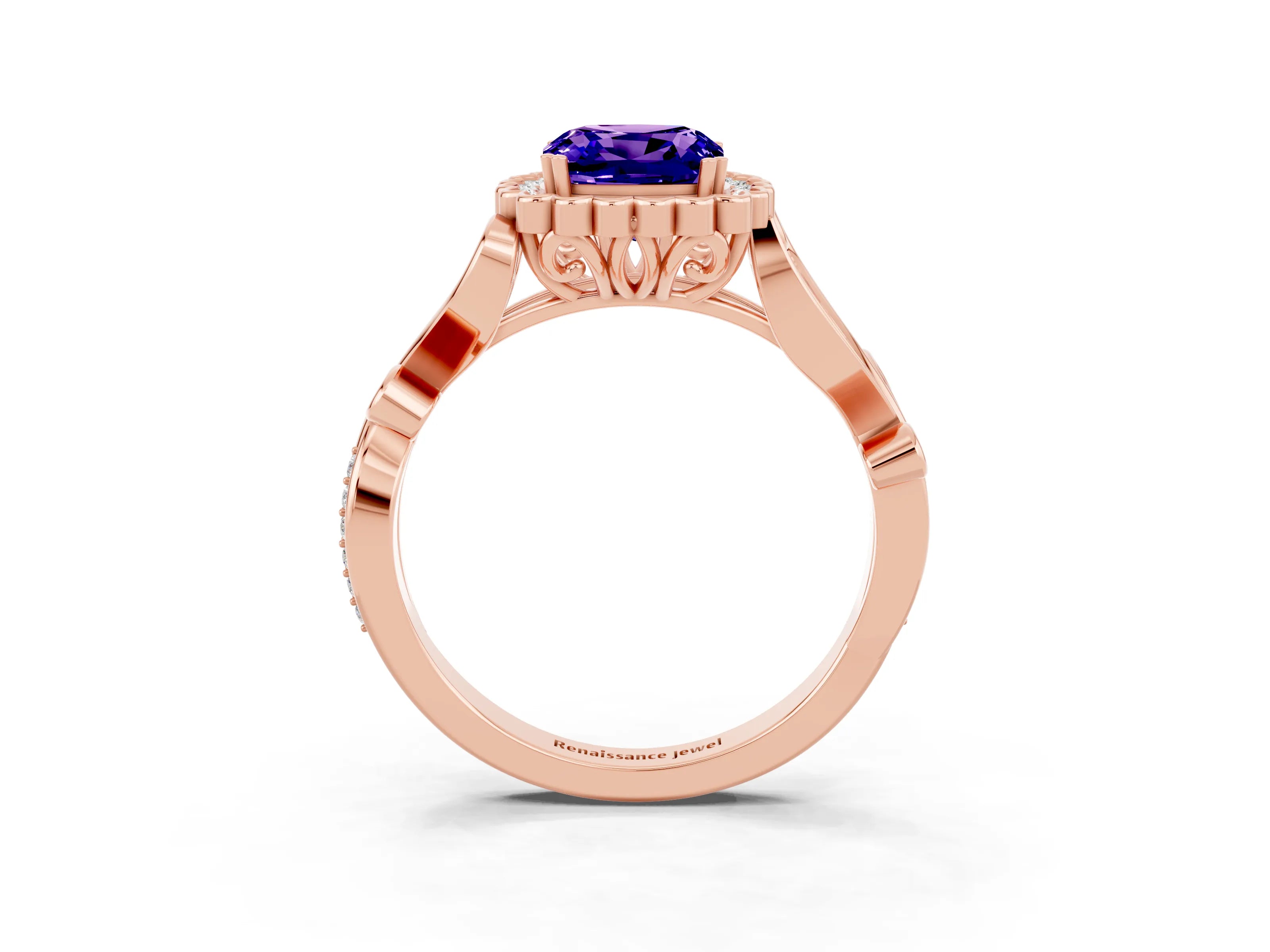 Rose gold Cushion Cut Tanzanite Halo Ring with Vintage Split Shank and Four-Prong Setting_3