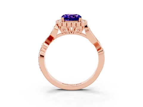 Rose gold Cushion Cut Tanzanite Halo Ring with Vintage Split Shank and Four-Prong Setting_3