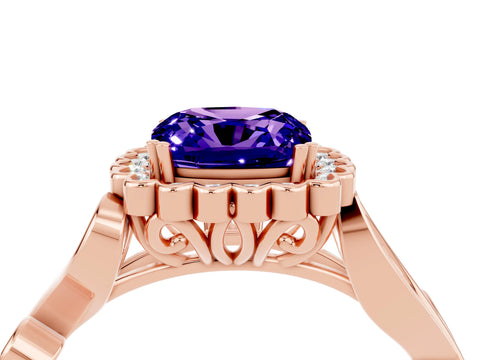 Rose gold Cushion Cut Tanzanite Halo Ring with Vintage Split Shank and Four-Prong Setting_4