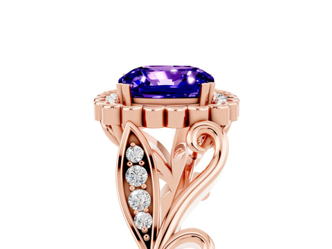 Rose gold Cushion Cut Tanzanite Halo Ring with Vintage Split Shank and Four-Prong Setting_5