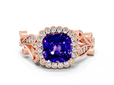 Rose gold Cushion Cut Tanzanite Halo Ring with Vintage Split Shank and Four-Prong Setting