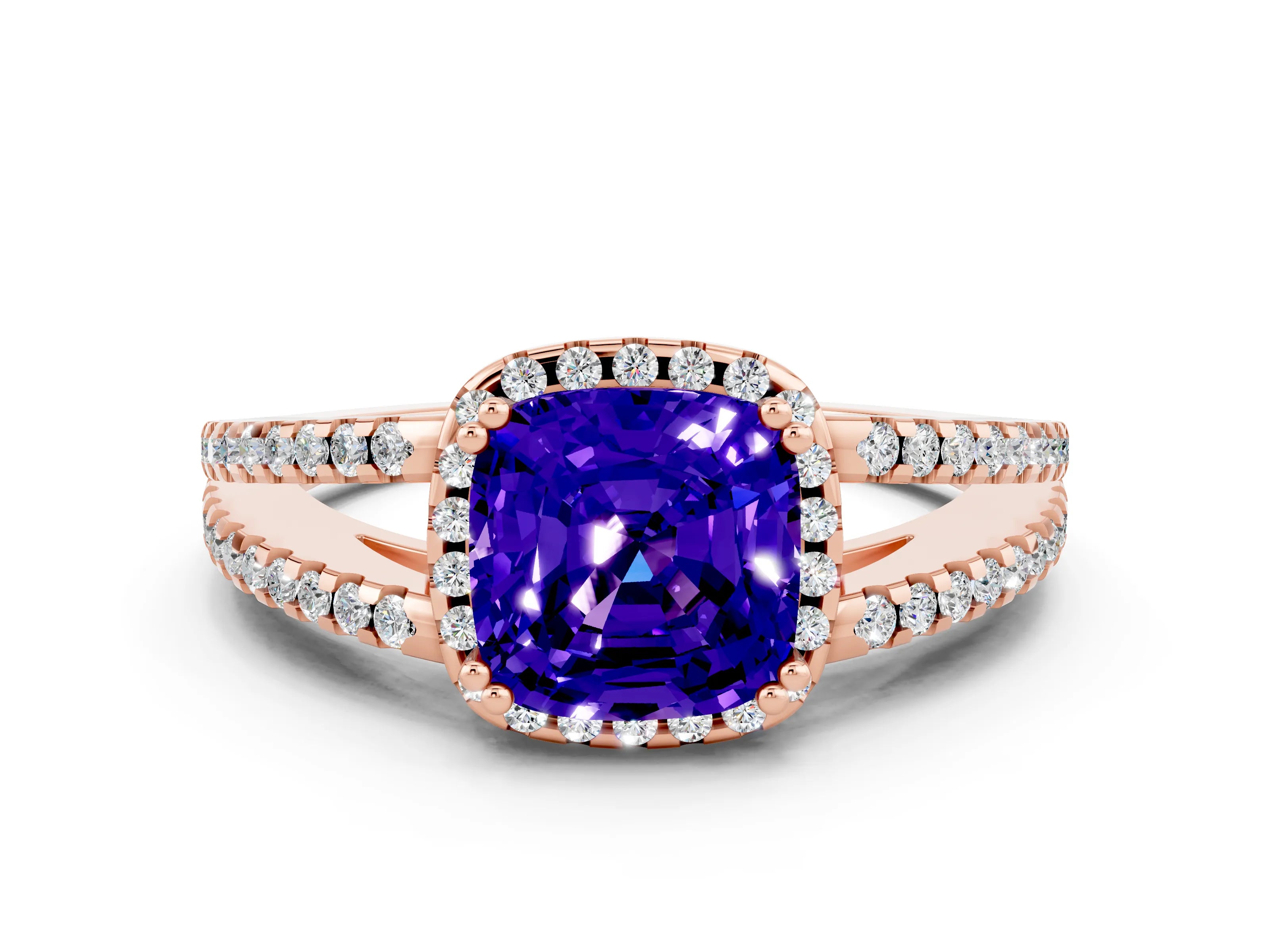Rose gold Cushion Cut Tanzanite Halo Split Shank Engagement Ring_12