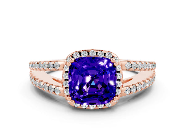 Rose gold Cushion Cut Tanzanite Halo Split Shank Engagement Ring