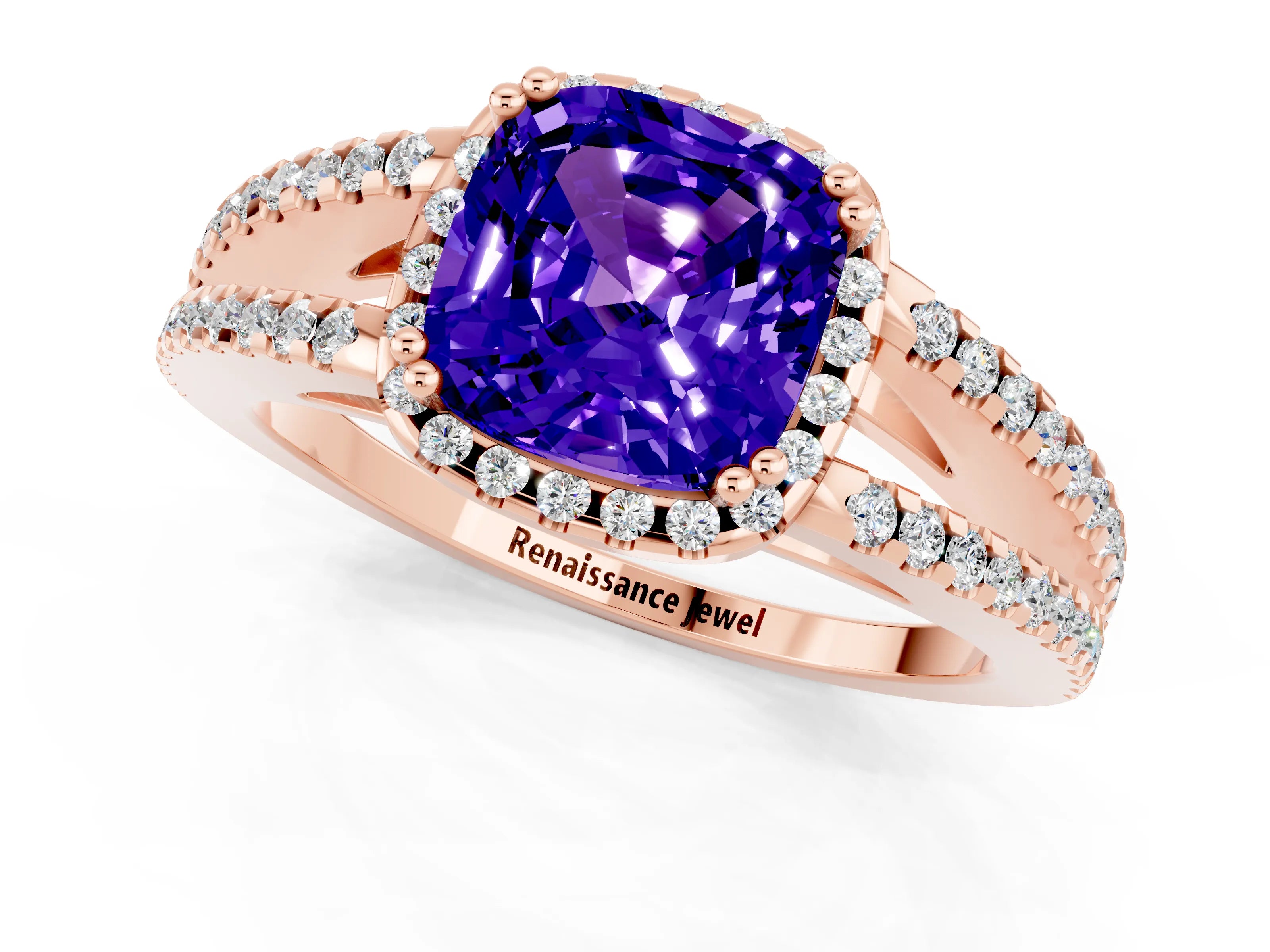 Rose gold Cushion Cut Tanzanite Halo Split Shank Engagement Ring_13