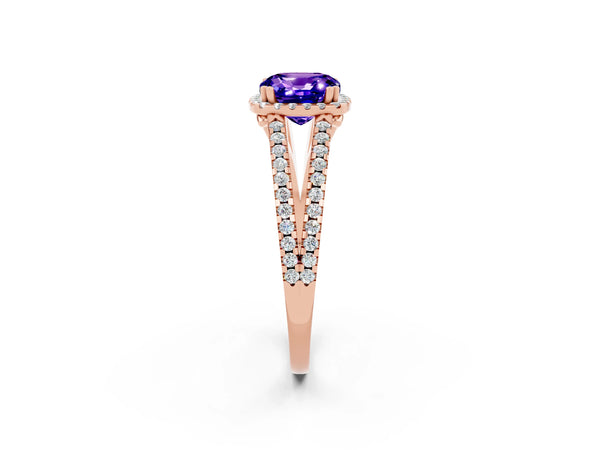 Rose gold Cushion Cut Tanzanite Halo Split Shank Engagement Ring