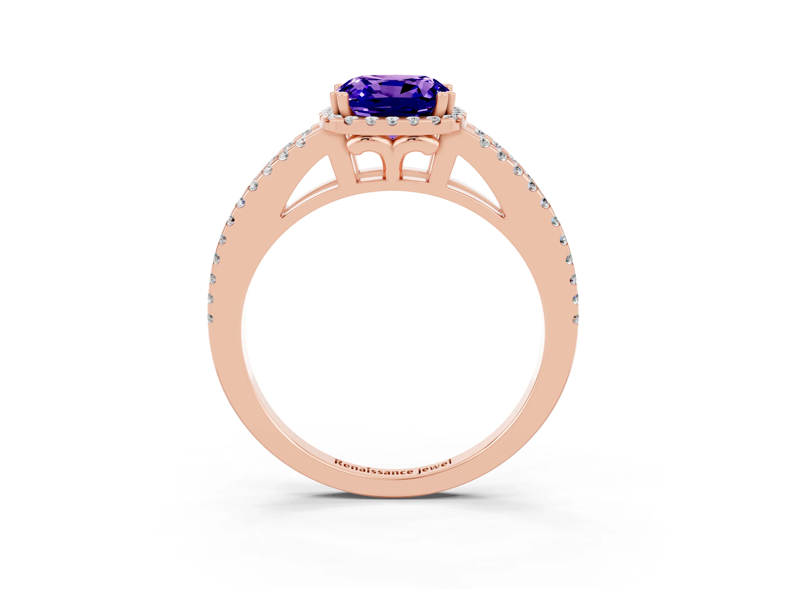 Rose gold Cushion Cut Tanzanite Halo Split Shank Engagement Ring_15