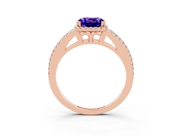 Rose gold Cushion Cut Tanzanite Halo Split Shank Engagement Ring