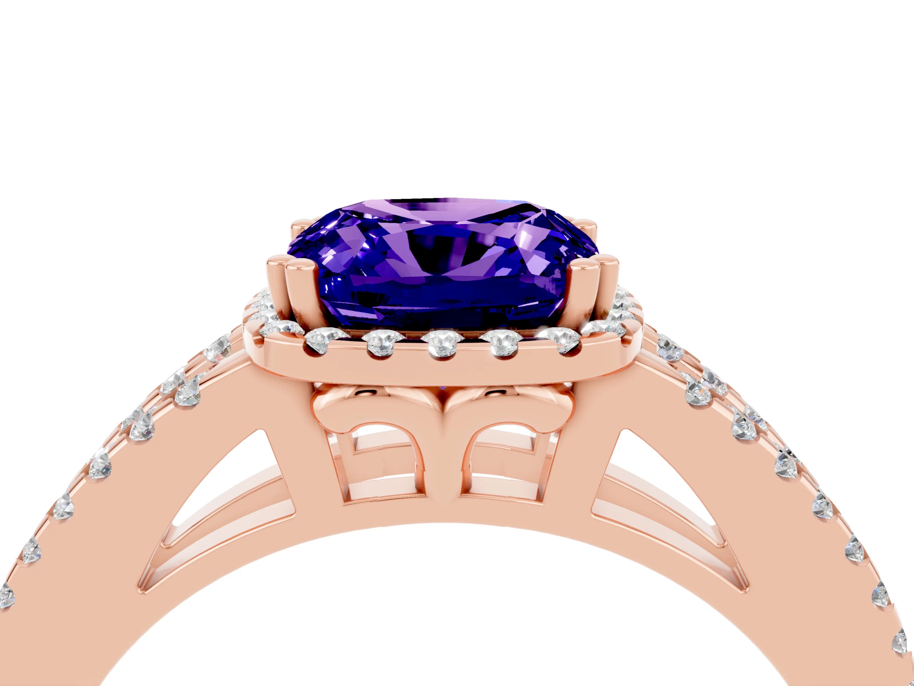 Rose gold Cushion Cut Tanzanite Halo Split Shank Engagement Ring_16