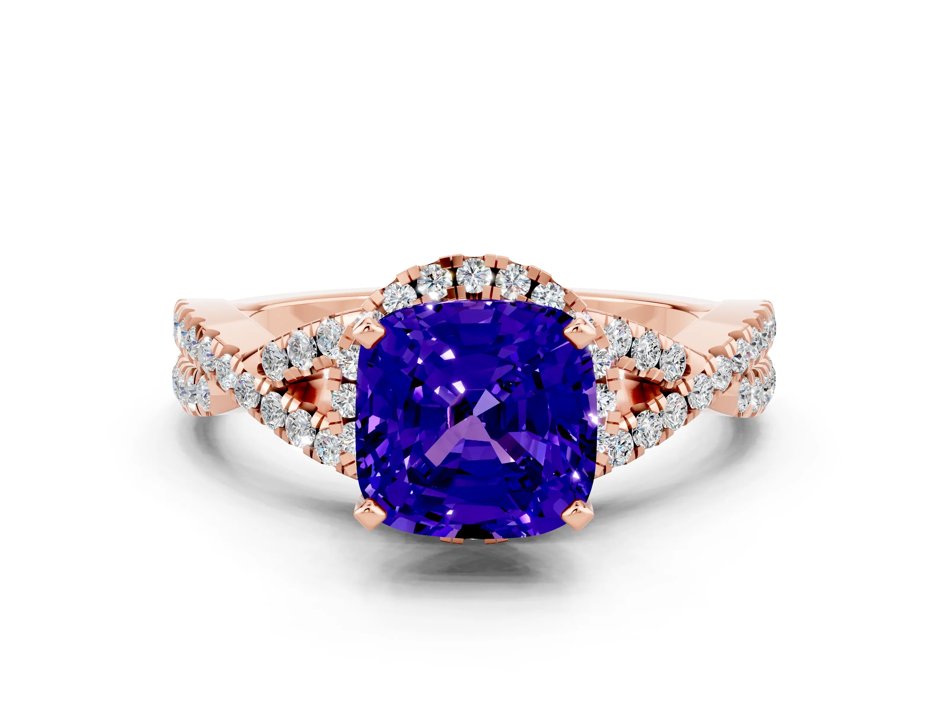 Rose gold Cushion Cut Tanzanite Halo Twist Band Solitaire Prong Setting Ring