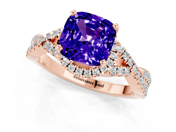 Rose gold Cushion Cut Tanzanite  Halo Twist Band Solitaire Prong Setting Ring