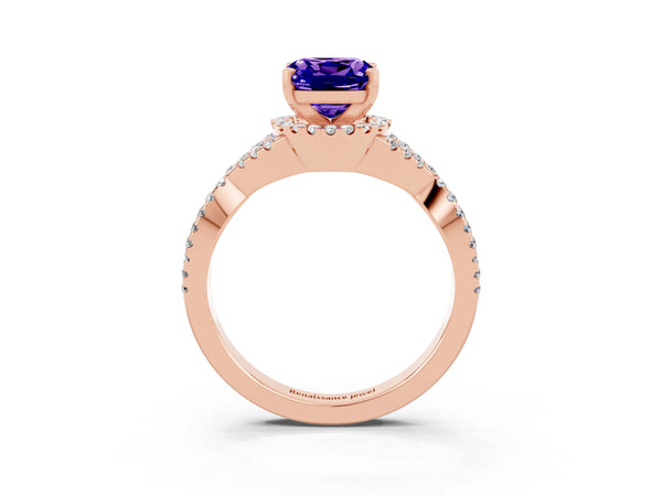 Rose gold Cushion Cut Tanzanite  Halo Twist Band Solitaire Prong Setting Ring