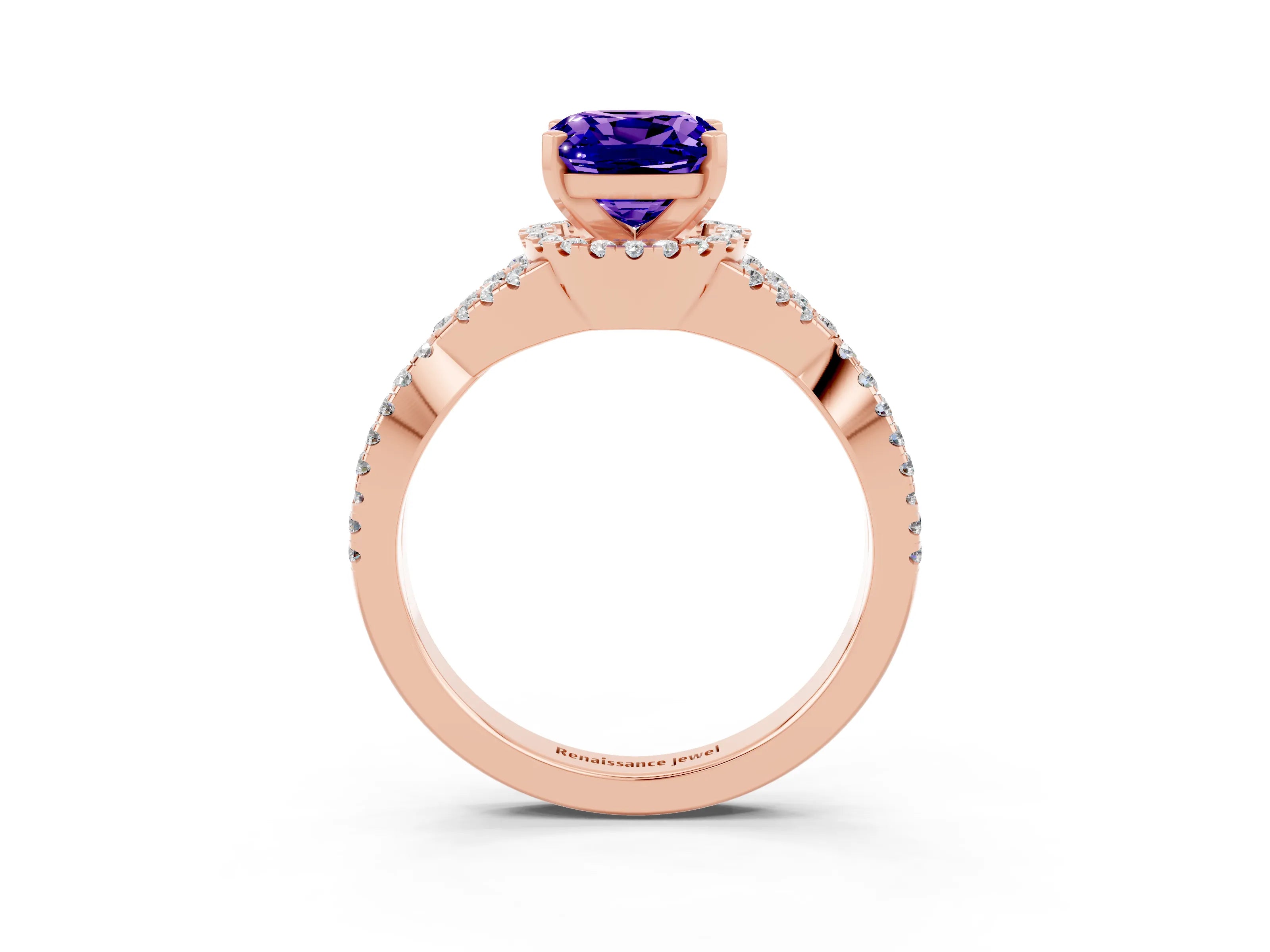 Rose gold Cushion Cut Tanzanite Halo Twist Band Solitaire Prong Setting Ring_3