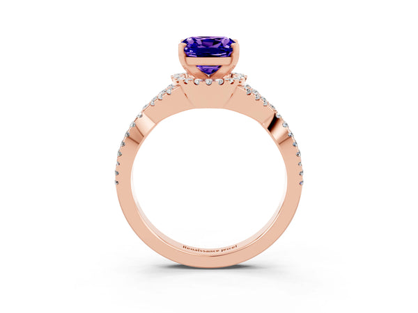 Rose gold Cushion Cut Tanzanite  Halo Twist Band Solitaire Prong Setting Ring