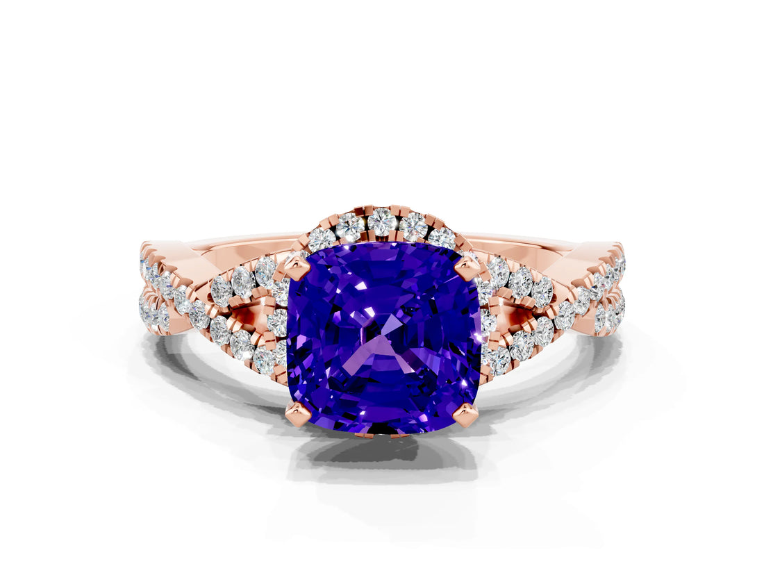 Rose gold Cushion Cut Tanzanite  Halo Twist Band Solitaire Prong Setting Ring_42