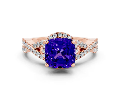 Rose gold Cushion Cut Tanzanite Halo Twist Band Solitaire Prong Setting Ring